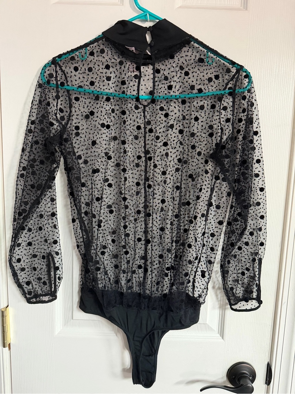 Victoria's Secret Black Sheer Polka Dot Long Sleeve mock neck Bodysuit Sexy S - Picture 2 of 4